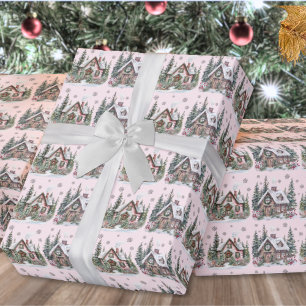Papier Cadeau Élégant Cabine d'hiver rose pâle Noël