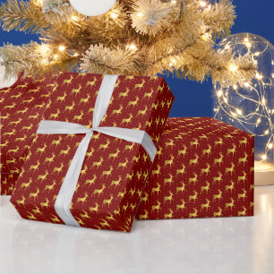 Papier Cadeau Elégant Cerf de Noël Or Sur Point Rouge