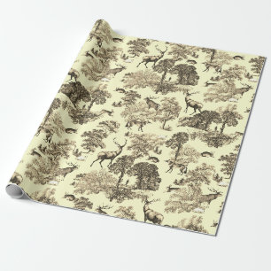 Papier Cadeau Élégant Cerf Renard Lièvre Toile de Jouy Crème Rét
