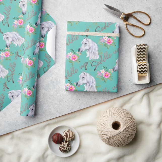 Papier Cadeau Élégant Cheval Blanc mignon fille d'anniversaire (Artisanat)