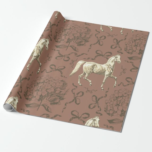 Papier Cadeau Elégant Cheval Hydrangea Bows Beige Brown Toile (Déroulé)