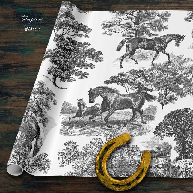 Papier Cadeau Elégant cheval rustique Black White Toile (Créateur téléchargé)