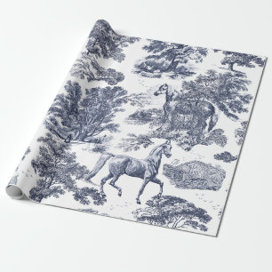 Papier Cadeau Elégant Chevaux Bleus Dusty Vintage en Bois Toile