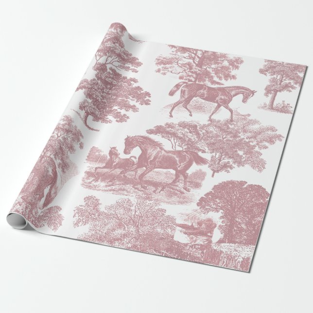 Papier Cadeau Elégant Chevaux Rustiques Rose Toile Blanche sans  (Déroulé)