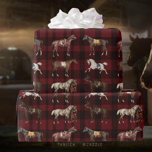 Papier Cadeau Élégant Chevaux Vintages à selle rouge Plaid