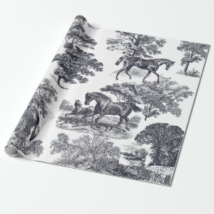 Papier Cadeau Elégant Chevaux Vintages Toile Bleu Français sans