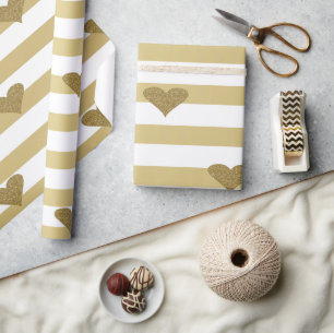 Papier Cadeau Élégant Chic  Cœurs Pailletés Faux Or Sur Rayures