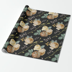 Papier Cadeau Élégant chic Rose de beige floral sur noir