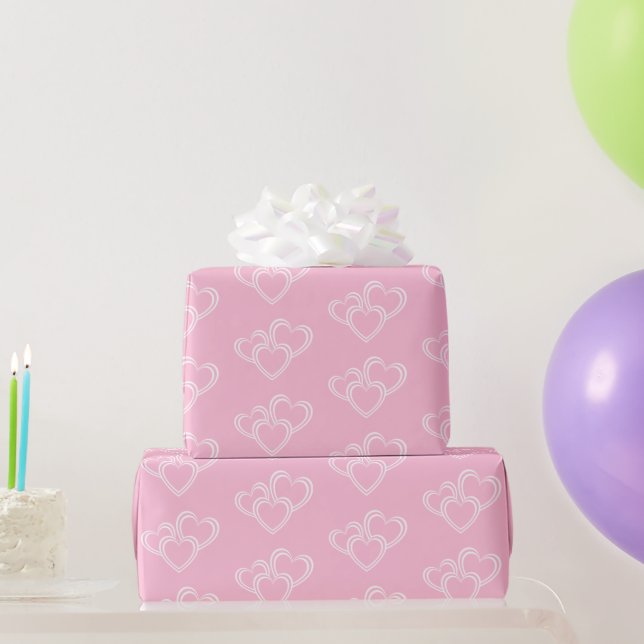Papier Cadeau Élégant, chic rose et blanc Motif de trois coeurs (Cadeaux de fête)