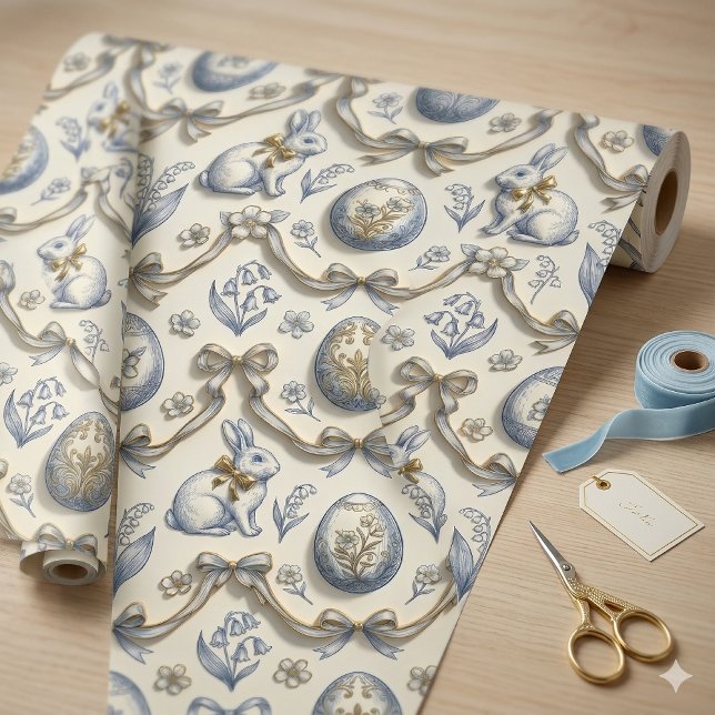 Papier Cadeau Elegant Chinoiserie Easter Bunny & Vintage Toile  (Créateur téléchargé)