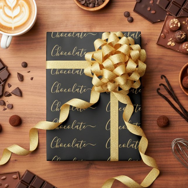 Papier Cadeau Élégant Chocolat Entreprise Script Noir Or  (Créateur téléchargé)