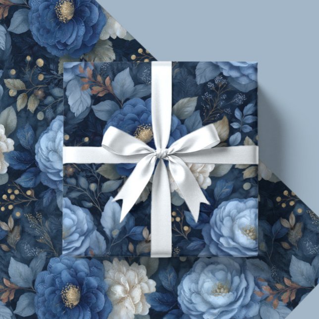 Papier Cadeau Elegant Christmas Blue and White Floral Gift  (Créateur téléchargé)