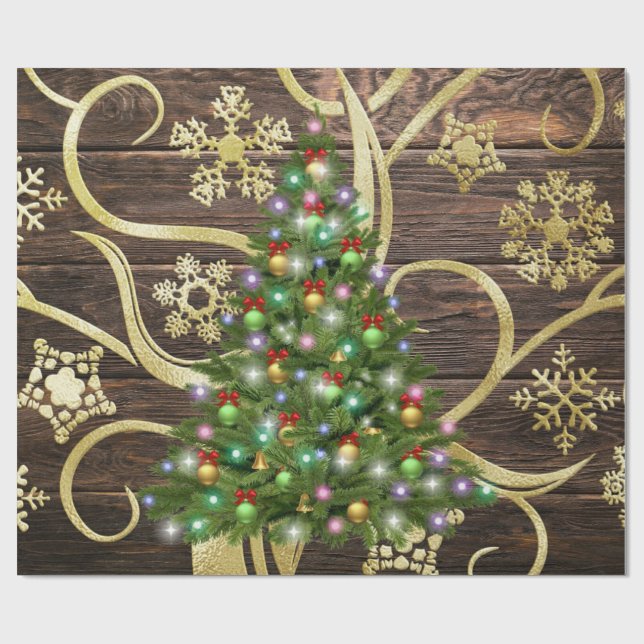 Papier Cadeau Elegant Christmas Tree Barn Wood Gold Design (Plat)