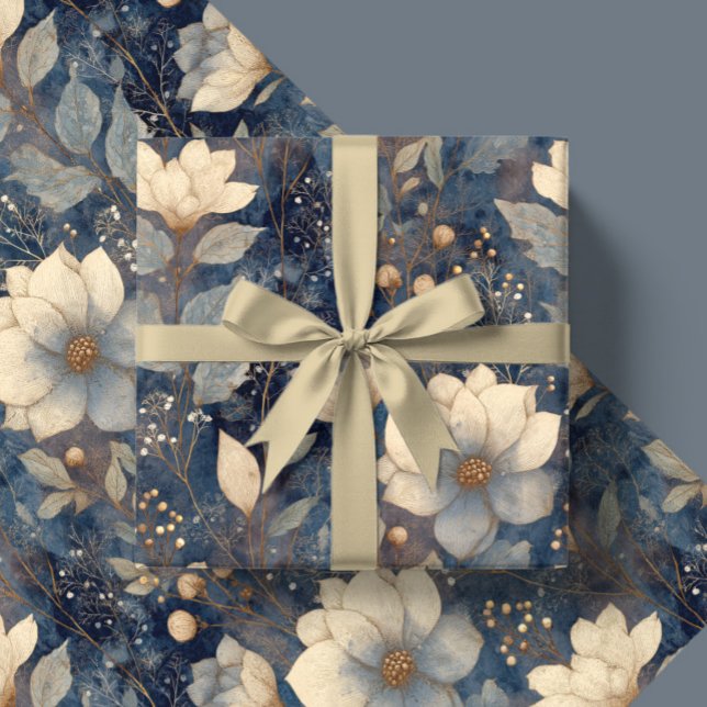 Papier Cadeau Elegant Christmas Winter Cream And Navy Floral (Créateur téléchargé)