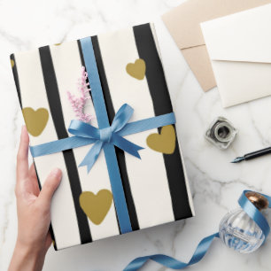 Papier Cadeau Élégant classique noir rayures Coeur d'or