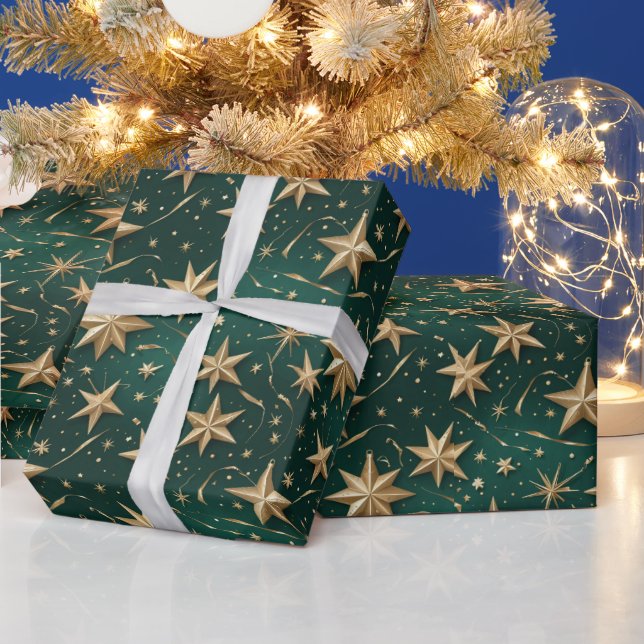 Papier Cadeau Elegant Dark Green & Gold Star Wrapping Paper (Vacances)