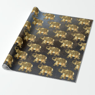 Papier Cadeau Élégant éléphant floral paisley or, aspect cuir