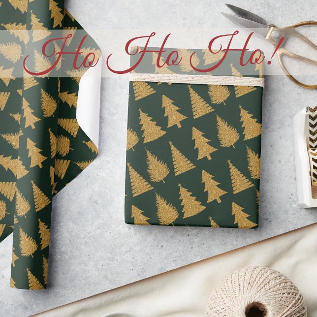 Papier Cadeau Elegant Emerald Green Gold Glitter Christmas Trees (Créateur téléchargé)