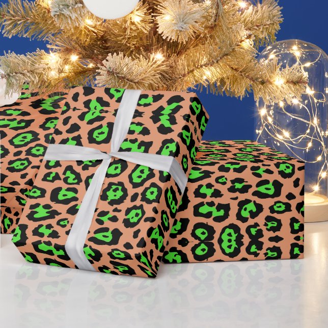 Papier Cadeau Élégant empreinte de léopard neon vert abricot ora (Vacances)