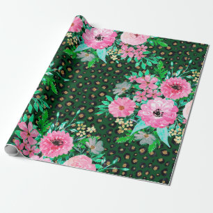 Papier Cadeau Élégant Empreinte de léopard rose floral vert desi