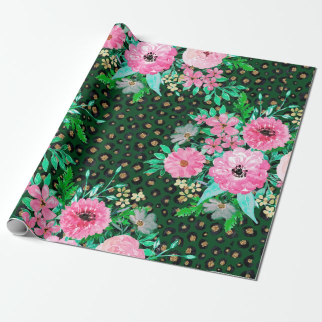 Papier Cadeau Élégant Empreinte de léopard rose floral vert desi (Déroulé)