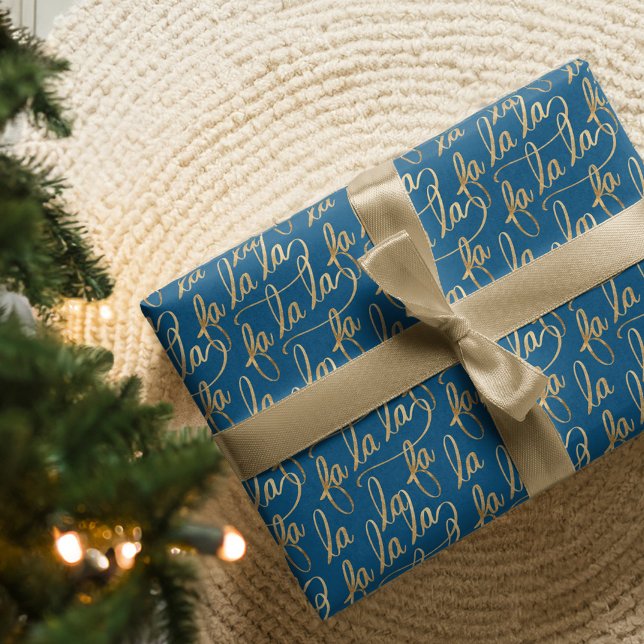 Papier Cadeau Elégant Faux Fa la Script Typographie Or & Bleu (Elegant Faux Fa la Script Typography Gold & Blue Wrapping Paper)