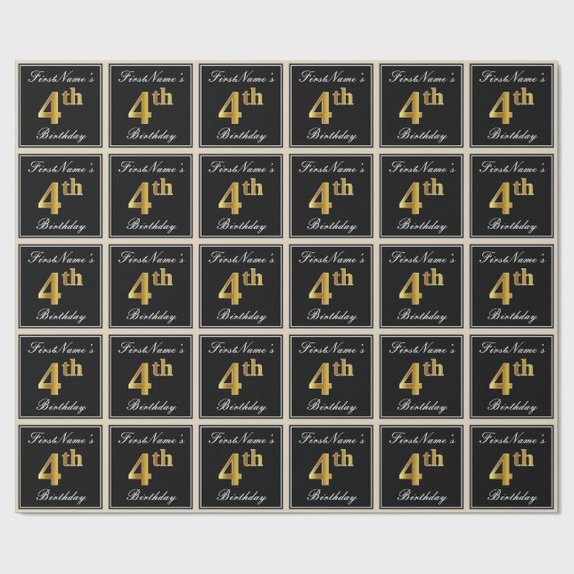 Papier Cadeau Elégant, Faux Gold 4ème anniversaire + Nom personn (Plat)