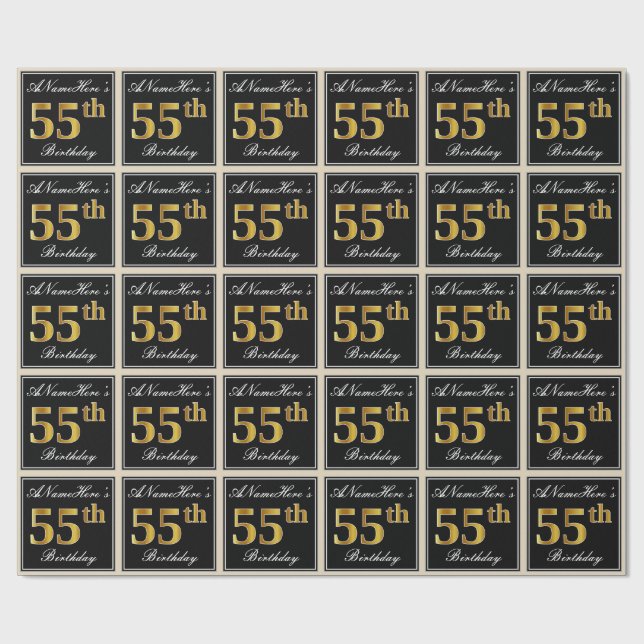 Papier Cadeau Elégant, Faux Gold 55e anniversaire + Nom personna (Plat)