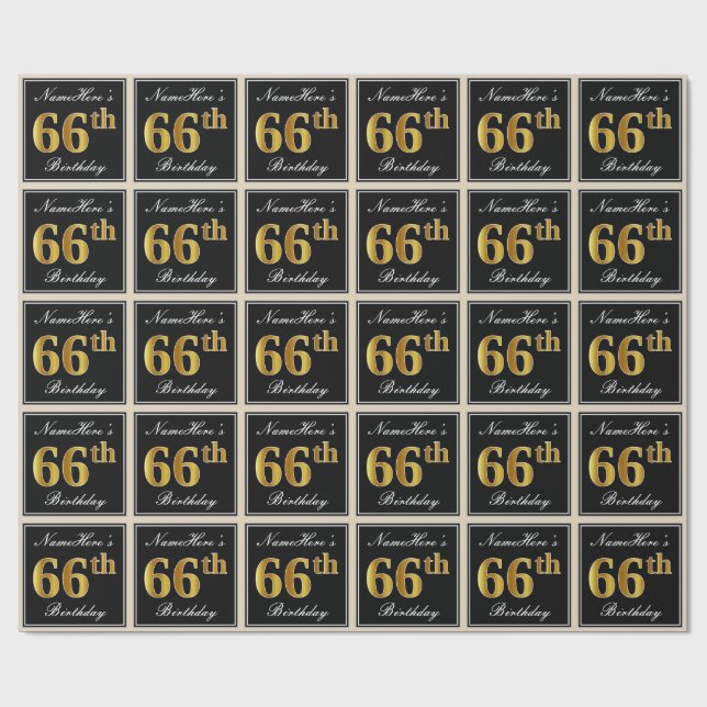 Papier Cadeau Elégant, Faux Gold 66e anniversaire + Nom personna (Plat)