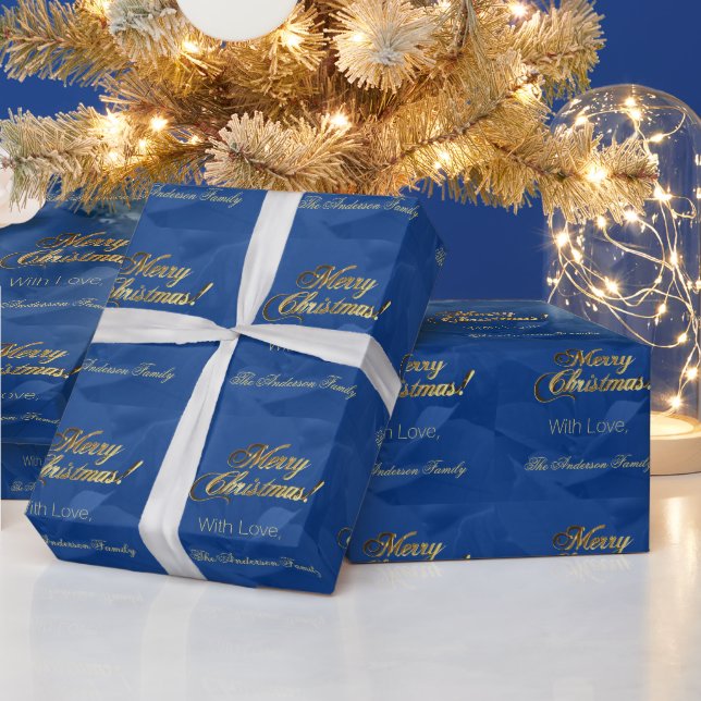 Papier Cadeau Élégant Faux Gold Script Joyeux Noël bleu (Vacances)