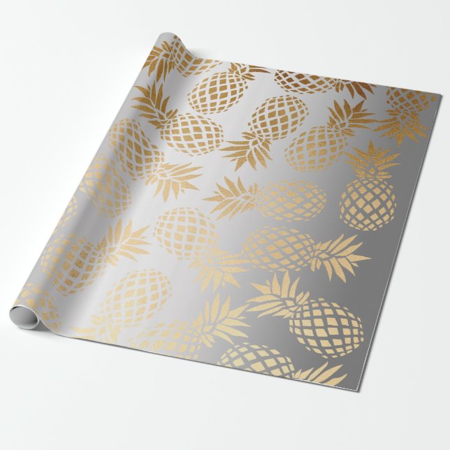 Papier Cadeau élégant faux or motif d'ananas tropical (Déroulé)