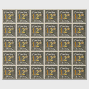 Papier Cadeau Elégant, Faux Wood, Faux Gold 12ème Anniversaire +