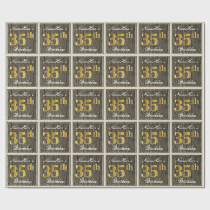 Papier Cadeau Elégant, Faux Wood, Faux Gold 35e Anniversaire + N