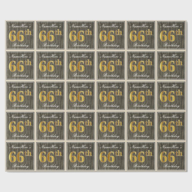 Papier Cadeau Elégant, Faux Wood, Faux Gold 66e anniversaire + N (Plat)