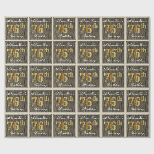 Papier Cadeau Elégant, Faux Wood, Faux Gold 76e Anniversaire + N (Plat)