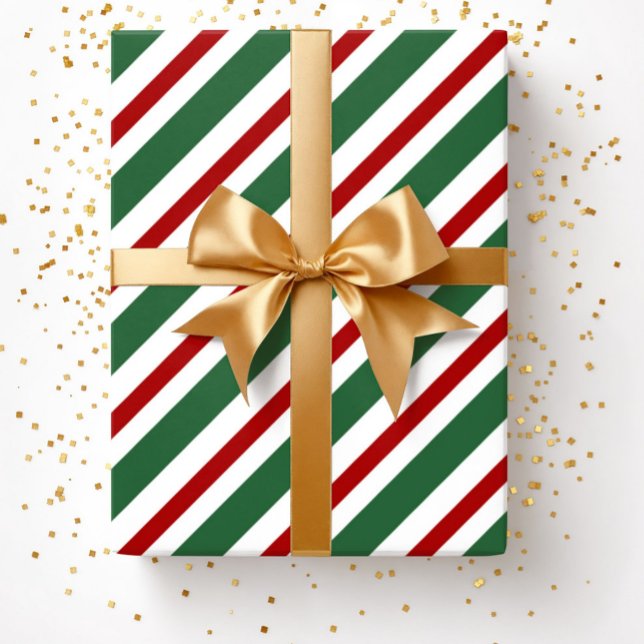Papier Cadeau Élégant Festif Green Red Stripes Noël (Christmas Green Red White Stripes Pattern Wrapping Paper)