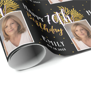 Papier Cadeau Elégant Feuillage Noir Or 70e Anniversaire