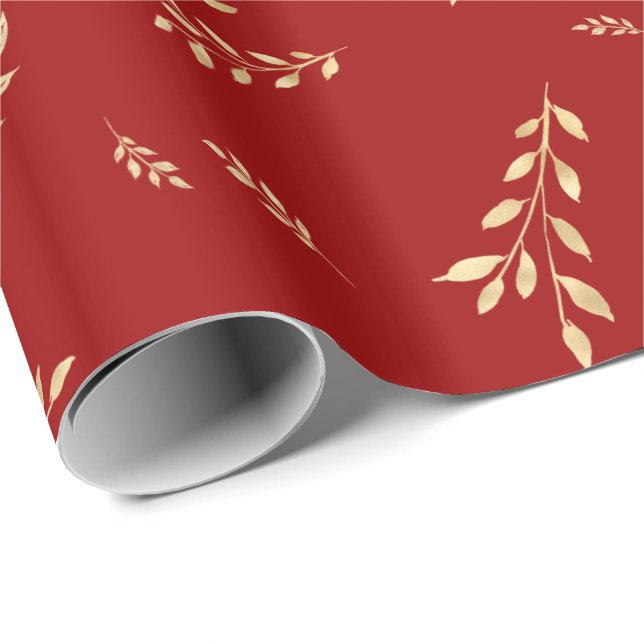 Papier Cadeau Élégant Feuilles de Foil Rouge Holiday (Coin rond)