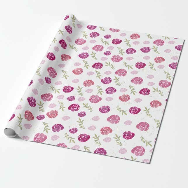 Papier Cadeau Élégant Feuilles floraux rose et pourpre Rose (Déroulé)