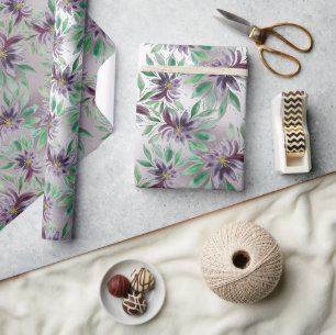 Papier Cadeau Élégant Fleur d'Eau Florale Violette Aquarelle