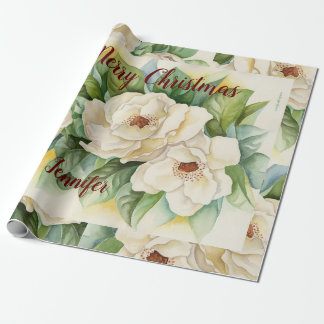 Papier Cadeau Élégant floral Fleurs de Noël Magnolia Nom rouge