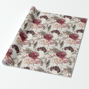 Papier Cadeau Élégant floral verdure de vin de Bourgogne crème