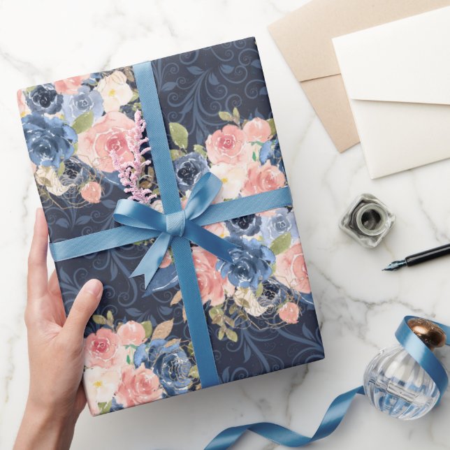 Papier Cadeau elegant flowers blue and pink (Cadeaux)