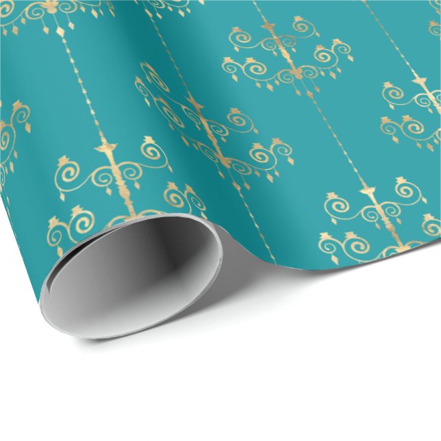 Papier Cadeau Élégant Glam Turquoise Gold Motif (Coin rond)