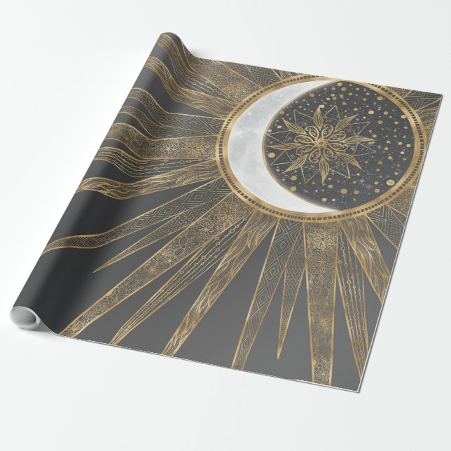 Papier Cadeau Elegant Gold Doodles Sun Moon Mandala Design (Déroulé)