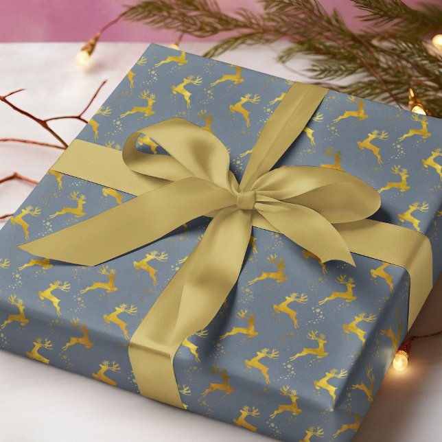 Papier Cadeau Élégant Gold Reindeer Blue Noël (Créateur téléchargé)