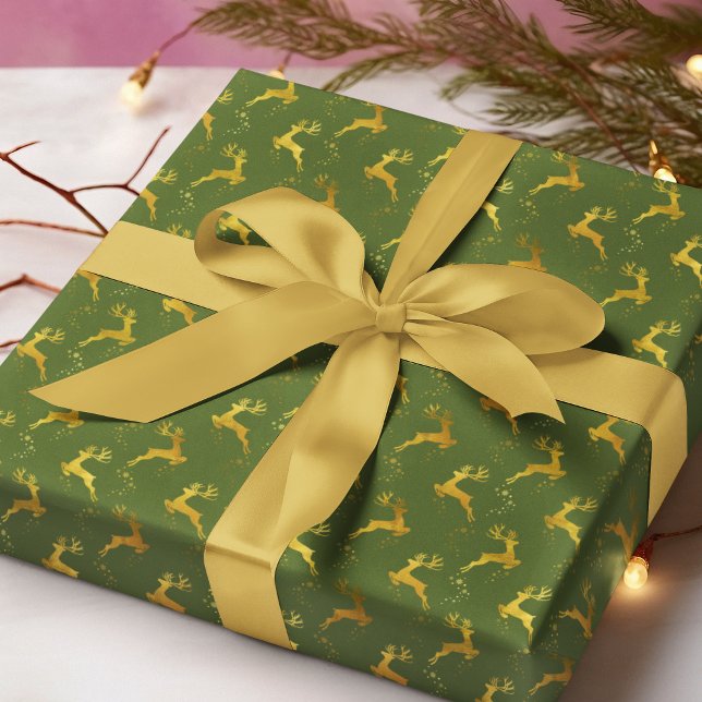 Papier Cadeau Élégant Gold Reindeer Green Noël (Créateur téléchargé)