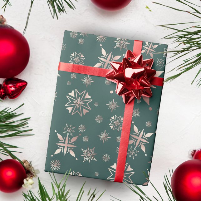 Papier Cadeau Élégant Gold Snowflakes Green Holiday (Créateur téléchargé)