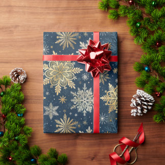 Papier Cadeau Elegant Gold Snowflakes Winter Blue Christmas