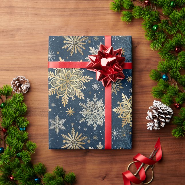 Papier Cadeau Elegant Gold Snowflakes Winter Blue Christmas (Cadeau de vacances)